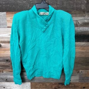 Vintage 80’s Fuzzy Green Angora Lambswool Sweater Medium Shoulder Pads Y2K